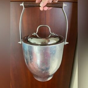Vintage Italian Silver Tone Metal Insulated Ice Bucket w/ Lid Wood Handle Italy